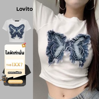 (LIVE STREAM SALE) Lovito เสื้อยืดผู้หญิง เย็บปะแผ่นแพทช์ ผ้…