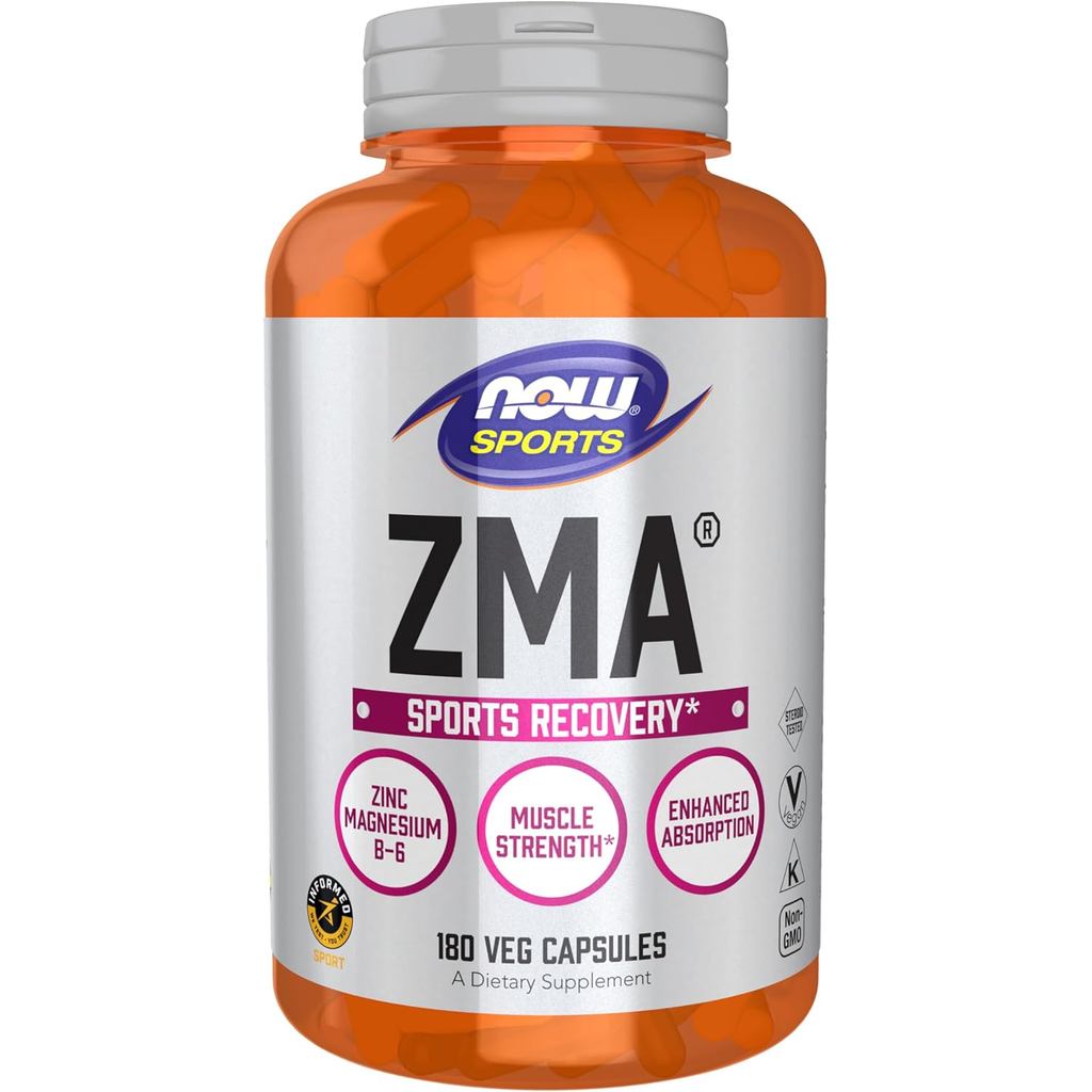 NOW Sport Nutrition ZMA รวมสังกะสี, แมกนีเซียม, และวิตามินบี-6 เพื่อการดูดซึมและฟื้นฟูร่างกาย 180 แค