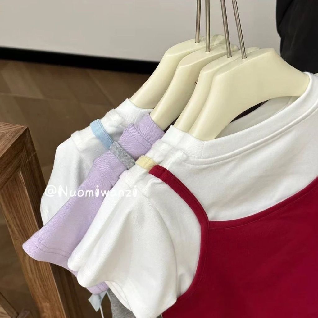เสื้อยืดทรง.krangsan สไตล์เกาหลีแบบสองชิ้น ทำจากผ้าฝ้ายแท้ เสื้อยืดสำหรับวัยรุ่นหญิง ฤดูร้อน