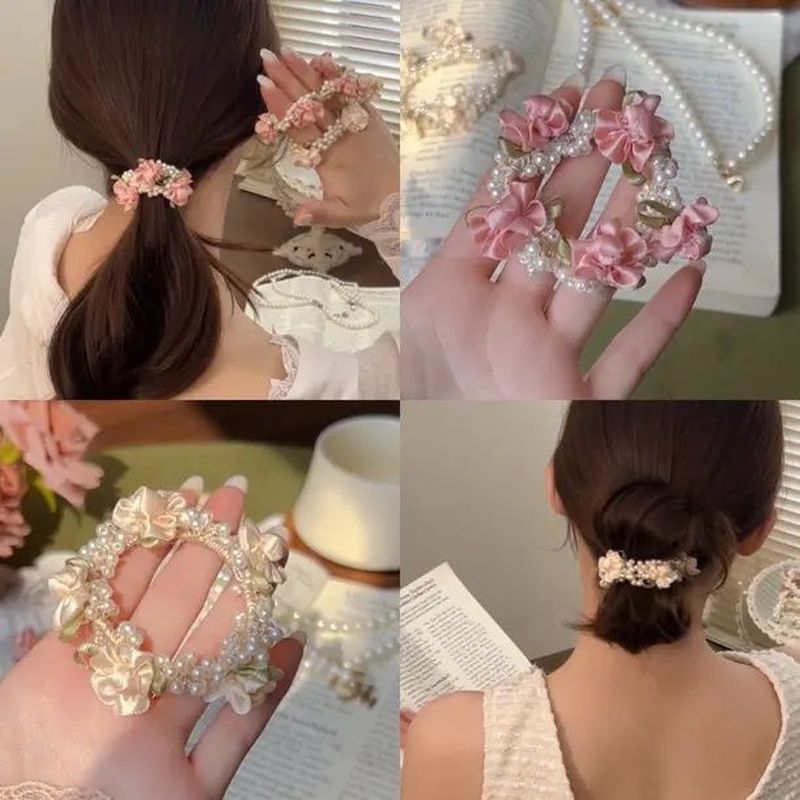 142法式玫瑰的庄园油画风贝珠少女花朵发圈高弹力编织精品仙女头绳3.28JG2 French Rose Manor Oil Paint Style Pearl Girl Flower Hair Tie High Elasticity Woven Exquisite Fairy Headband