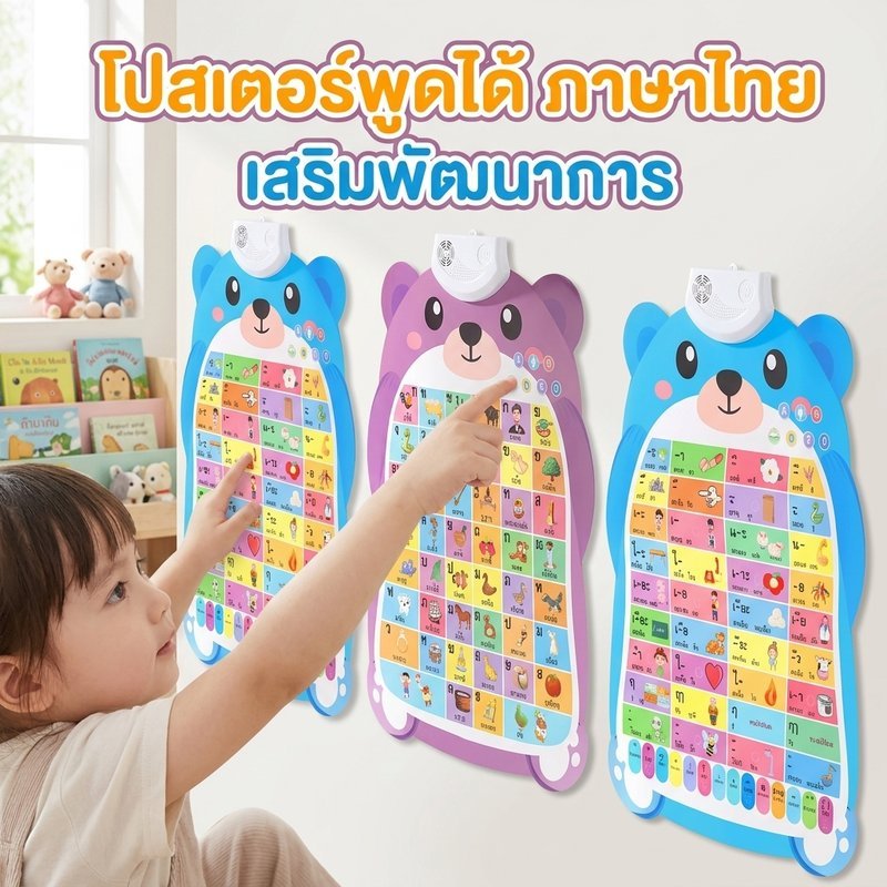 โปสเตอร์พูดได้ 3 ภาษา ไทย อังกฤษ จีน เหมาะเด็ก1-6ปี เนื้อหาพยัญชนะ สระ ตัวเลข สัตว์