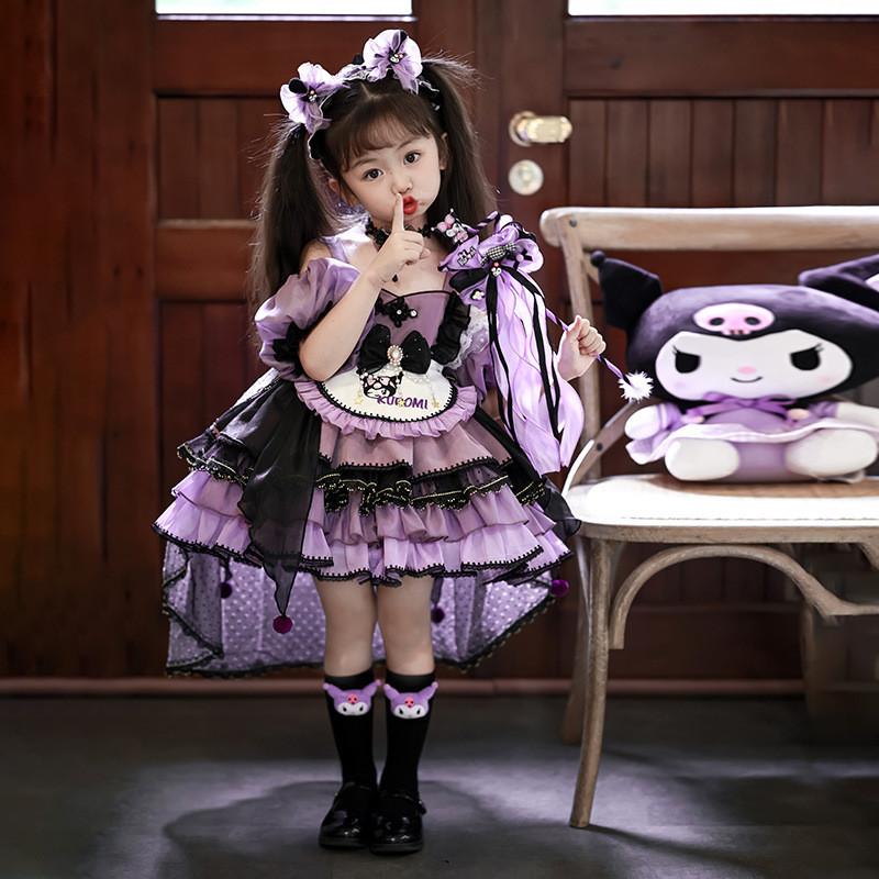 1-9yrs Kids Kuromi Lolita ชุดคอสเพลย์ | ชุดบอลสีม่วงแฟนตาซีสีเข้มระดับไฮเอนด์สําหรับงานปาร์ตี้วันเกิ