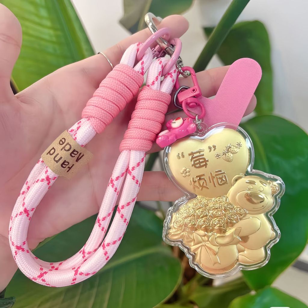 ทองคําบริสุทธิ์สตรอเบอร์รี่หมีเบอร์รี่กังวลทองพวงกุญแจเครื่องประดับโซ่โทรศัพท์มือถือเปลือกน้ําสไตล์เ