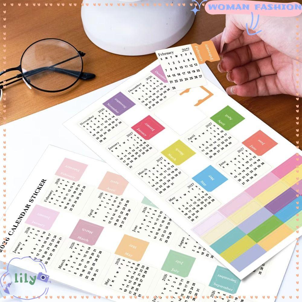 LILY สติ๊กเกอร์วางแผนรายเดือน, Diy สมุดภาพ Self-กาว 2026 สติ๊กเกอร์ปฏิทิน, 2 แผ่นการ์ตูน Divider Index Tabs โรงเรียน/ใช้ในสํานักงาน