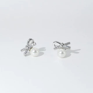 nnjew ต่างหูเงินแท้ 92.5% (ทั้งตัวเรือน) รุ่น Pearl Aurora ไข่มุก ทรง โบว์ ผู้หญิง E011