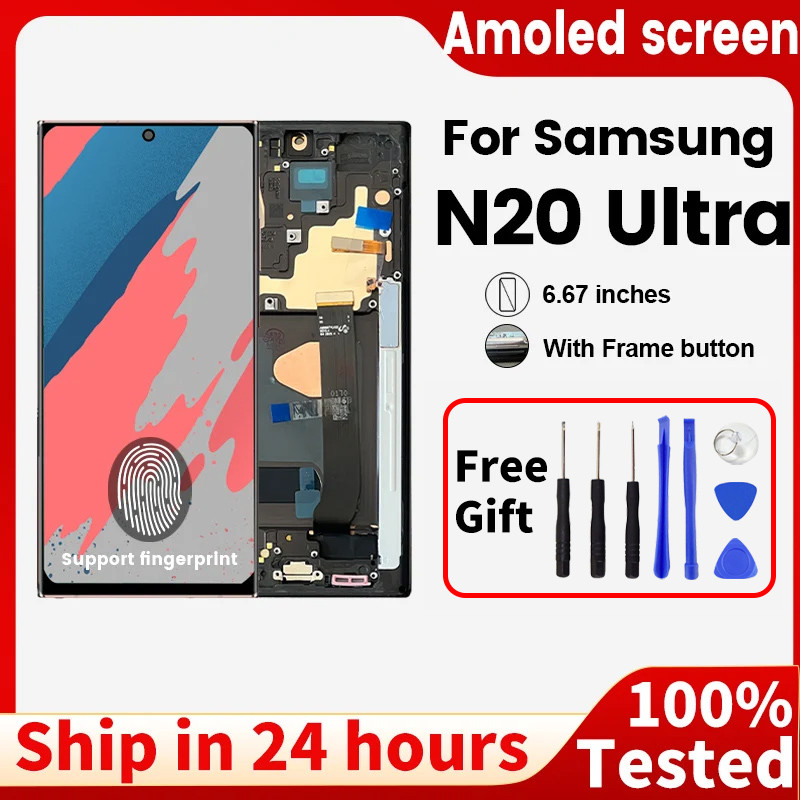 AMOLED สําหรับ Samsung Galaxy pantapa Note20 Ultra LCD N985F N986B จอแสดงผลหน้าจอสัมผัสกรอบและ Digit