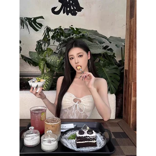 L.A Shop★เสื้อคุณภาพดี ชุดเดินทะเล เกาะอก+กระโปรงยาวลายลูกไม้คาวาอี้ สีครีม เข้ารูป ลูกไม้-FY5061