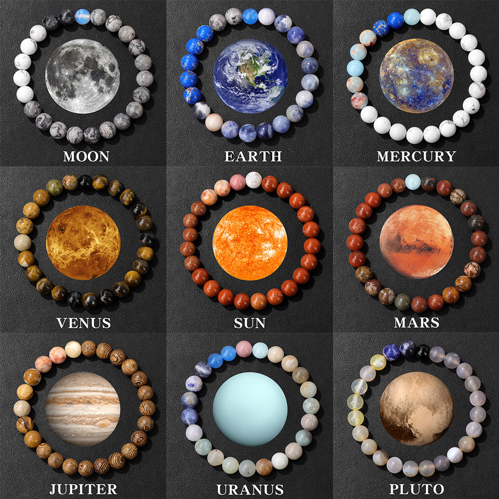 HNSP 8MM Bead Bracelet For Men Women Solar System Planets Hand Rosary Accessories Sun Moon Earth Rop