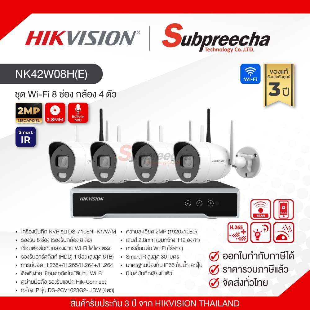 NK42W08H(E) / Hikvision ชุดกล้องวงจรปิด 2MP (Lens2.8mm) (Wi-Fi NVR KIT)