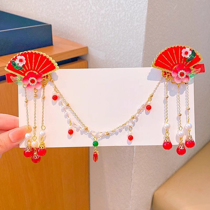 BlessU ห่วงโซ่หน้าผากโบราณสําหรับเด็ก ฮันฟู สไตล์สาวดอกไม้สีแดงกิ๊บชุดสวัสดีปีใหม่ - รูปที่ 2