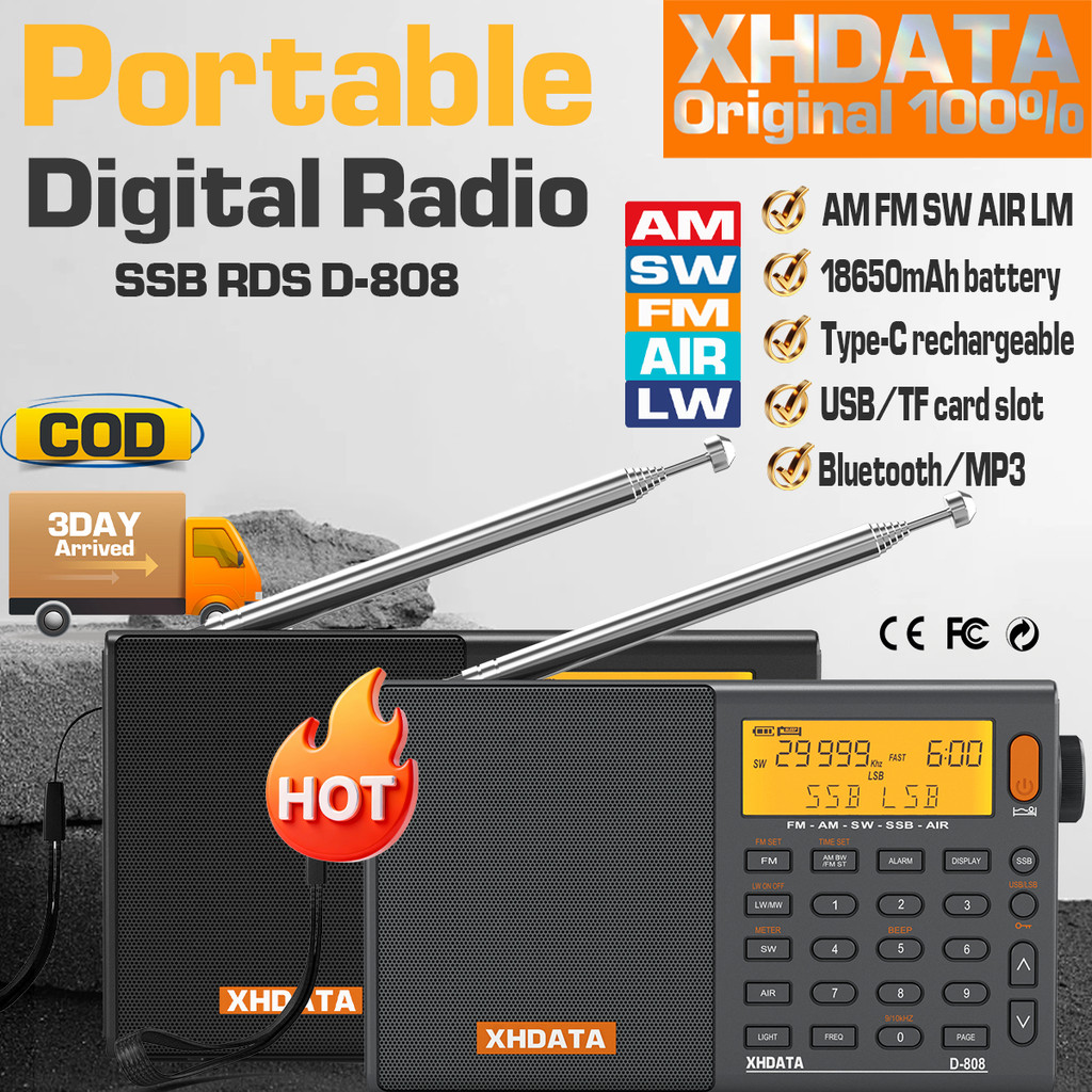 【ได้รับการรับรองจาก FCC】วิทยุดิจิตอลพกพารุ่นใหม่ COD XHDATA D-808 ของแท้ 100% Bluetooth MP3 วิทยุแบบ