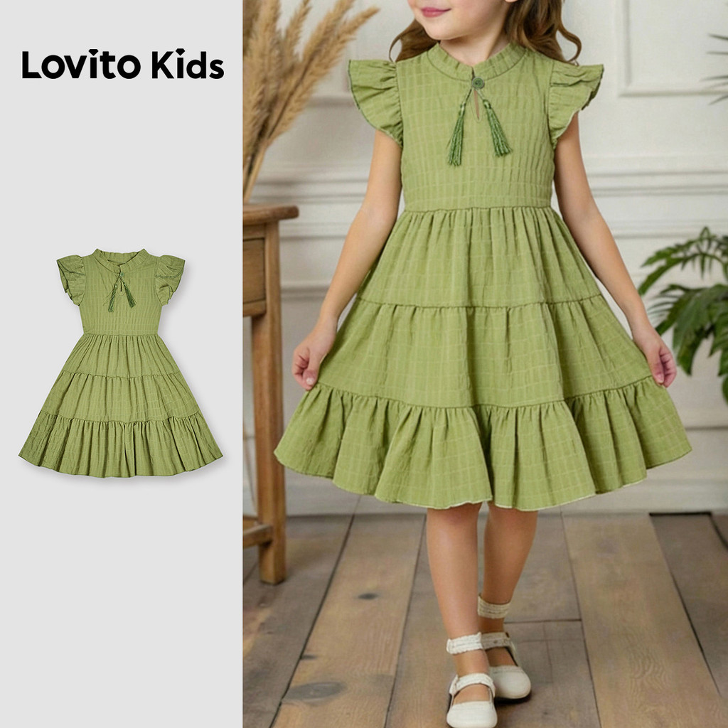 Lovito Kids เดรสลําลองสีเขียวประดับพู่และเลเยอร์สําหรับสาวฤดูใบไม้ผลิ/ฤดูร้อน L168LD182