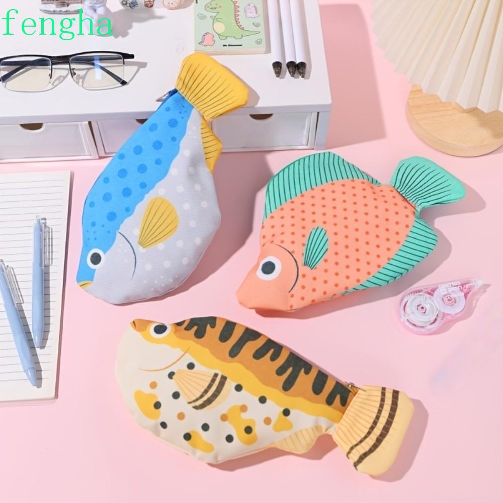 FENGHA Fish Pencil Case, Deep-Sea Fish Pufferfish Back-To-School Stationery Bag, Funny Aesthetic Lar