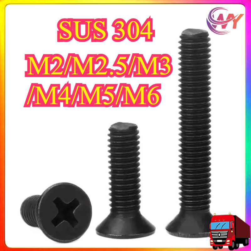 GB819 สีดํา 304 สแตนเลส cross countersunk หัวสกรู M2/M2.5/M3/M4/M5/M6 * L3-50 มม.WY-MB