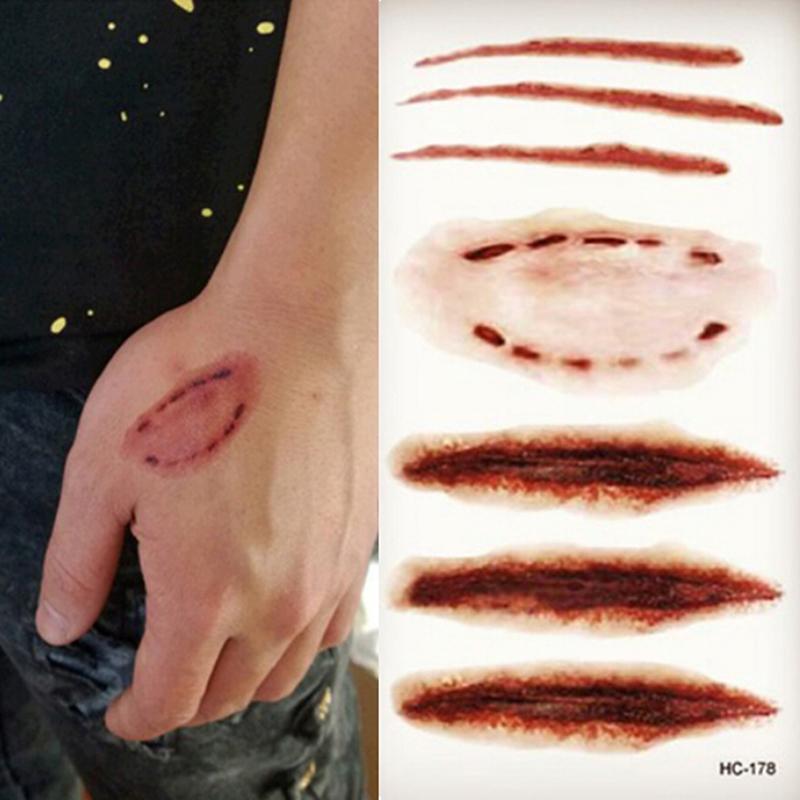 DSTH 2 ชิ้นกันน้ําชั่วคราว Tattoo Stier Wound การบาดเจ็บรอยแผลเป็นเลือดฮาโลวีน HOT