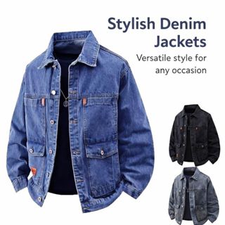 แจ็คเก็ตยีนส์คลาสสิกวินเทจสำหรับผู้ชาย ออกแบบมาพร้อมกระเป๋าม…