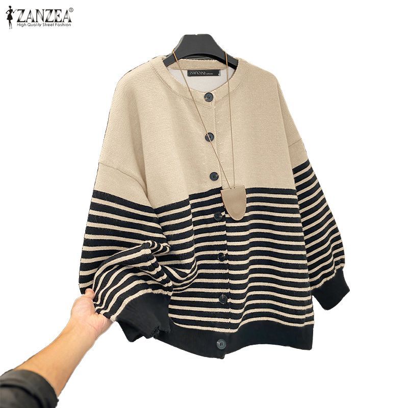 เสื้อคาร์ดิแกนลายทางสำหรับลำลองสไตล์เกาหลีแขนยาวสำหรับผู้หญิง