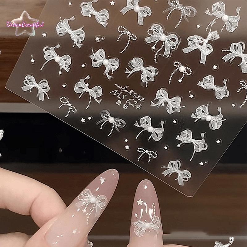 <DBFl-t> Pearl Lace Bow Shape Nail Stier With Diamonds Relief Decal Enhancement กาว Stier Stereoscopic DIY ใหม่