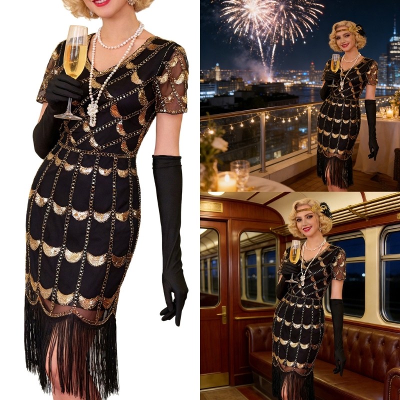 Met Women s Flapper Dresses 1920s V Neck Sequins Fringed Dress Great Gatsby Dress