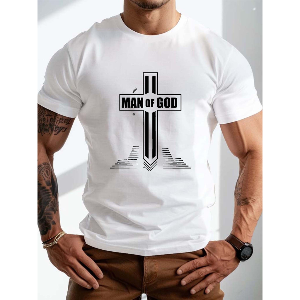 ทีเชิ้ตฤดูร้อนผู้ชาย, ลายกราฟิก MAN OF GOD เสื้อยืดแขนสั้นเทรนด์เสื้อผ้าสบายสำหรับชีวิตประจำวัน, สำห