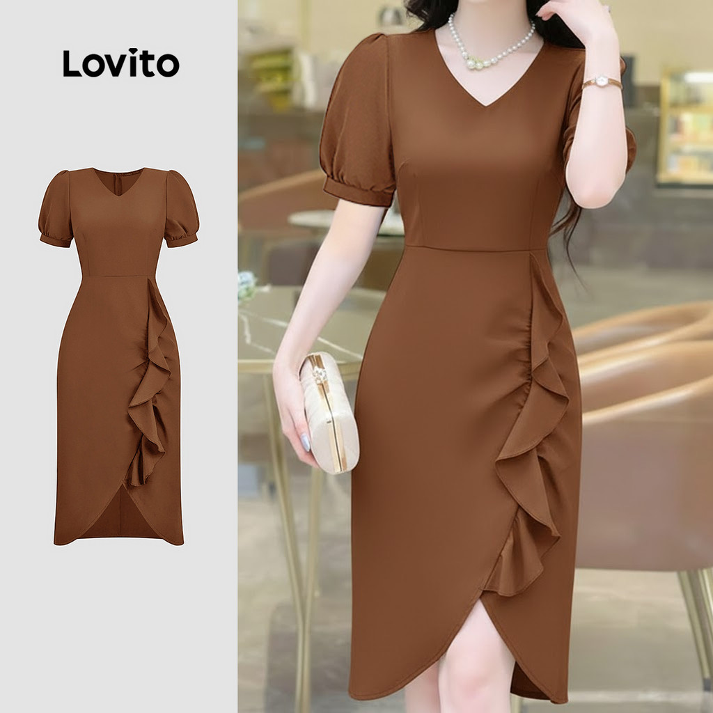 Lovito เดรสสวยหรูสำหรับใส่ทำงาน เดรสคลาสสิกอเนกประสงค์มีระบายผ่าข้าง สีน้ำตาล สำหรับผู้หญิง เหมาะสำหรับฤดูใบไม้ผลิ/ฤดูร้อน L171ED499