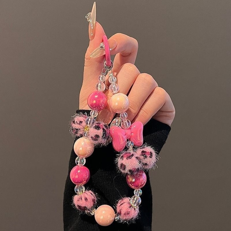 น่ารักเสือดาวพิมพ์Ins Pom Pom Bowลูกปัดโซ่สั้นสายรัดข้อมือพวงกุญแจสําหรับโทรศัพท์CCDกระเป๋ากล้องกรณีCharm