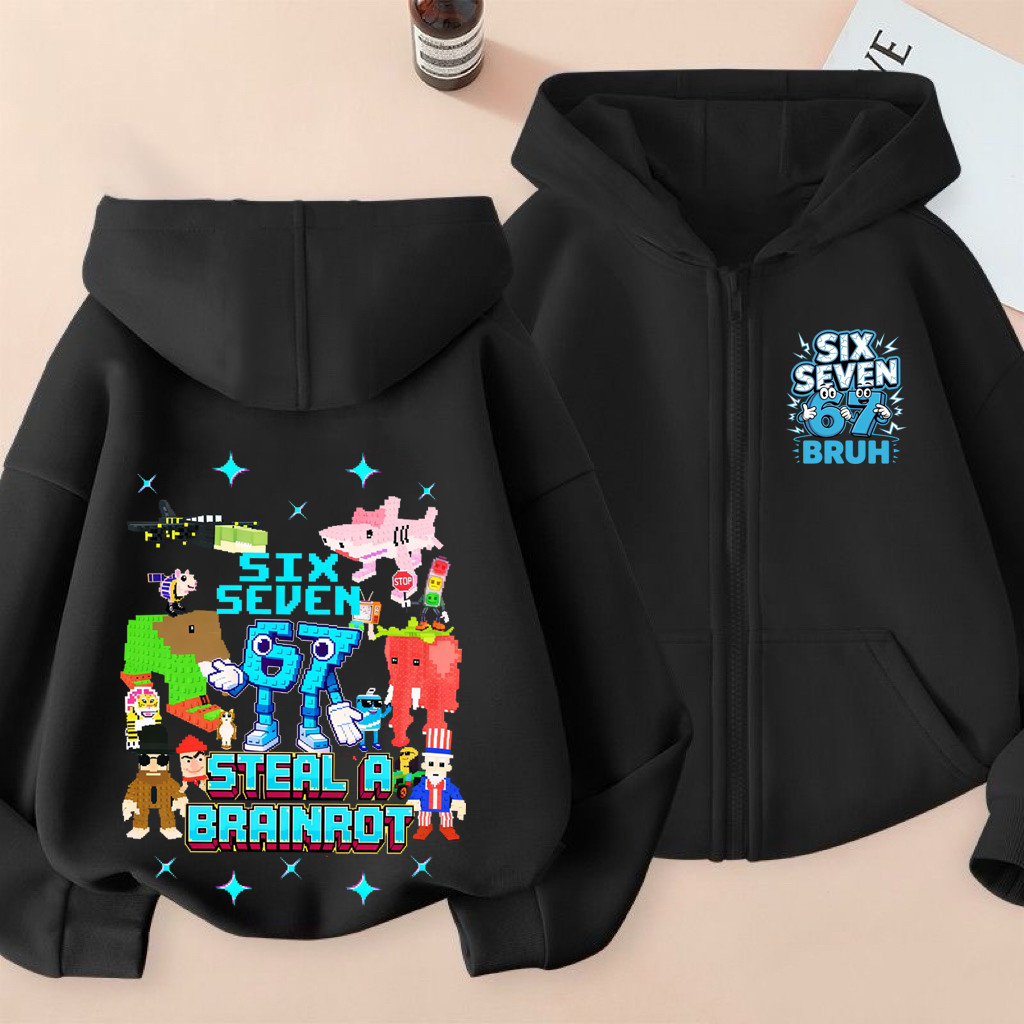 เสื้อแจ็กเก็ตแขนยาวมีซิปและเสื้อฮู้ดสำหรับเด็กชายและเด็กหญิง ลายธีมเกม 67 หก เจ็ด เพื่อนเอ๊ย ขโมยสมองเน่าๆ มาหน่อยสิ #3
