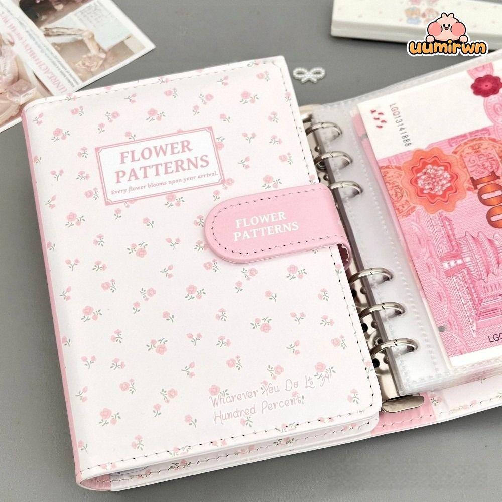 UUMIR Budget Binder, ดอกไม้แมวสุนัข A6 ขนาดเงิน Binder, หนัง PU หน้าด้านในซอง Organizer ใช้ในบ้าน