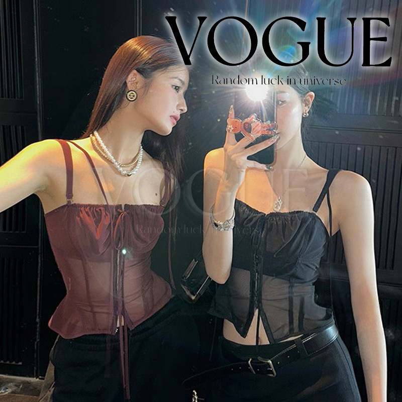 Vogue🌟พร้อมส่ง🌟 เสื้อสายเดี่ยว ซีทรูแต่งสาย ดีเทลตะขอหน้า ดีไซน์เรียบหรู มี2สี (FY1088)
