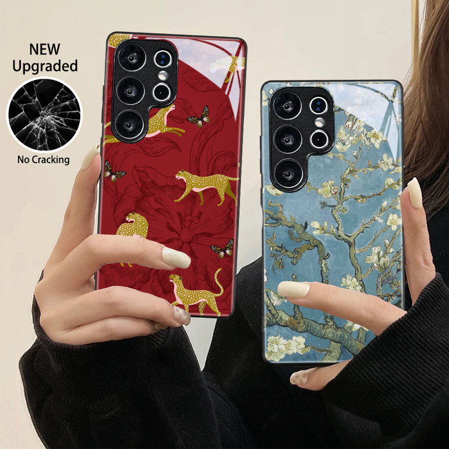 Retro ดอกไม้รูปแบบเสือดาวสําหรับ Samsung S23 S24 S21 S20 S25 FE S22 Plus หมายเหตุ 20 Ultra 5G อะคริลิคเคลือบเงาเคสโทรศัพท์