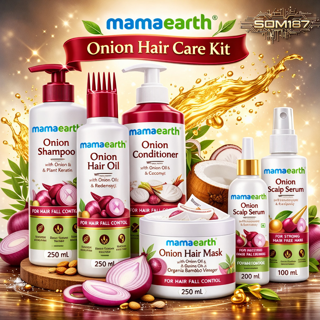 Mamaearth Anti Hair Fall Onion Spa ช่วง: น้ํามันหอมหัวใหญ่, แชมพูและคอนดิชั่นเนอร์