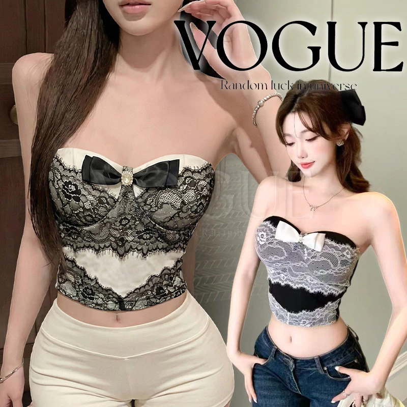 Vogue🌟พร้อมส่ง🌟 เสื้อเกาะอก ลายลูกไม้ แต่งโบว์น่ารักๆ มีบราในตัว สไตล์สาวหวาน (FY5615)
