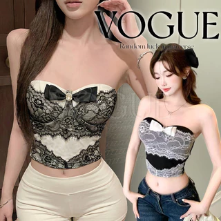 Vogue🌟พร้อมส่ง🌟 เสื้อเกาะอก ลายลูกไม้ แต่งโบว์น่ารักๆ มีบราในตัว สไตล์สาวหวาน (FY5615)