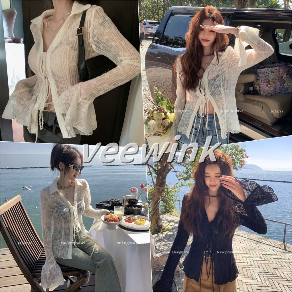 Veewink เสื้อคาร์ดิแกนแขนระฆัง ผูกเชือกด้านหน้า สไตล์ฝรั่งเศส เซ็กซี่ เข้ารูป เนื้อผ้าบางเบา กันแดด ใส่แล้วเรียว