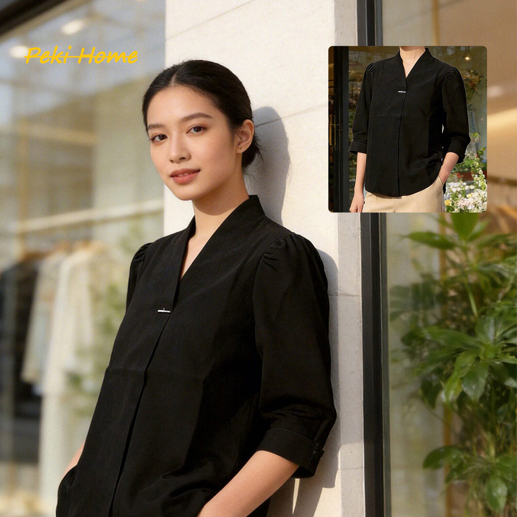 เสื้อเชิ้ตแขนสั้นผ้าชีฟองคอวี สไตล์ทำงาน ใส่ทำงานในฤดูร้อน