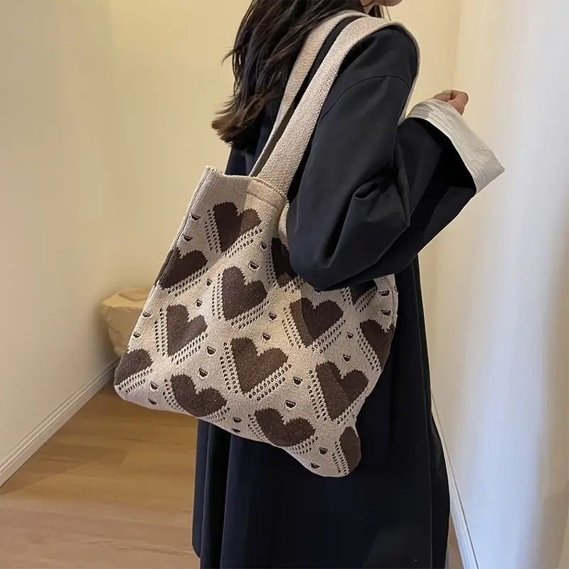 Dualswish 2026 ใหม่ Ins สไตล์ถัก Tote กระเป๋า Heart Pattern กระเป๋าสะพายความจุขนาดใหญ่โครเชต์ Tote Bag ทุกวันกระเป๋าผู้หญิงใช้และช้อปปิ้งทุกวัน