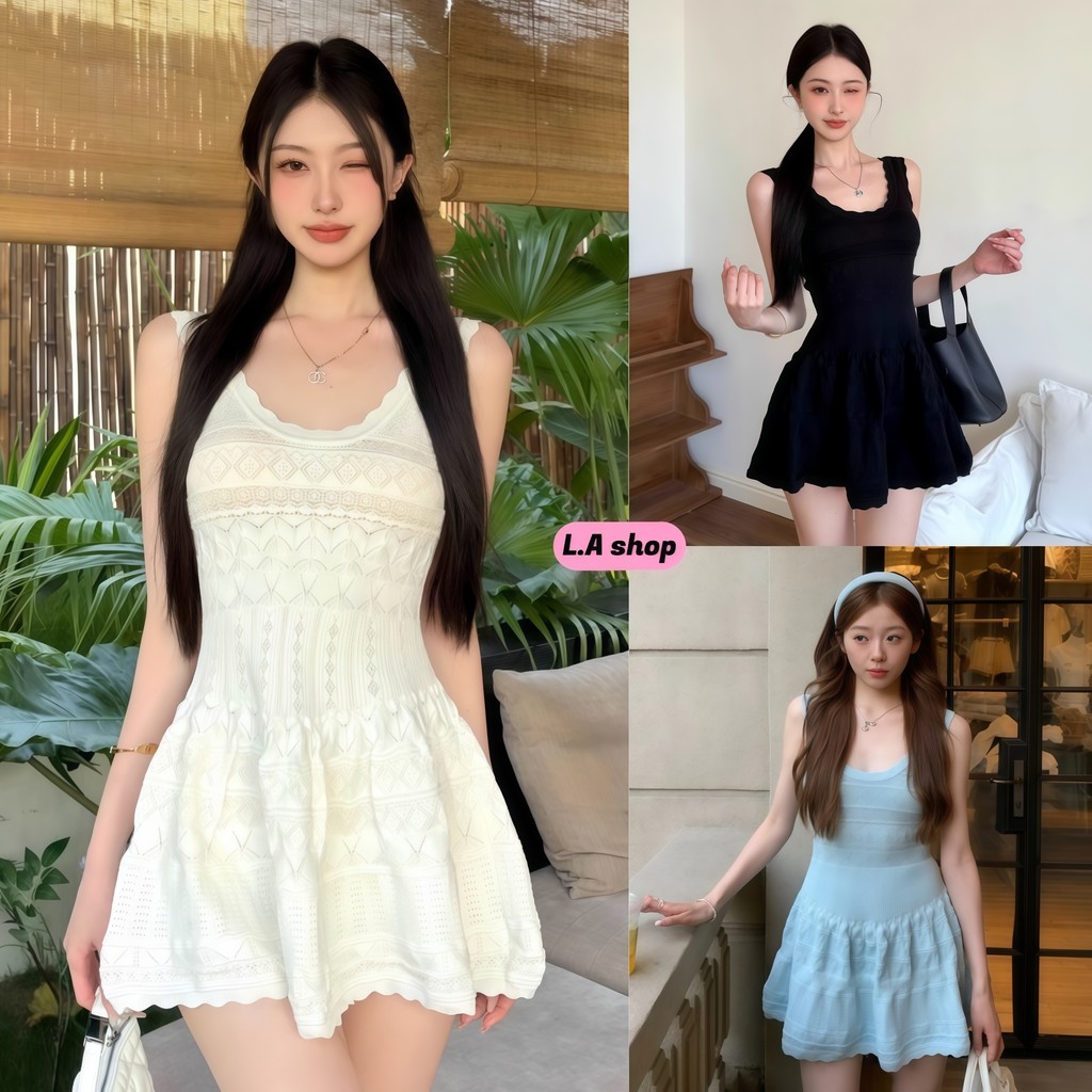 L.A Shop★เสื้อคุณภาพดี ชุดเดรสสายเดี่ยว เข้ารูปเอว ลวดลายฉลุ สไตล์เกาหลี มาใหม่-W-N096