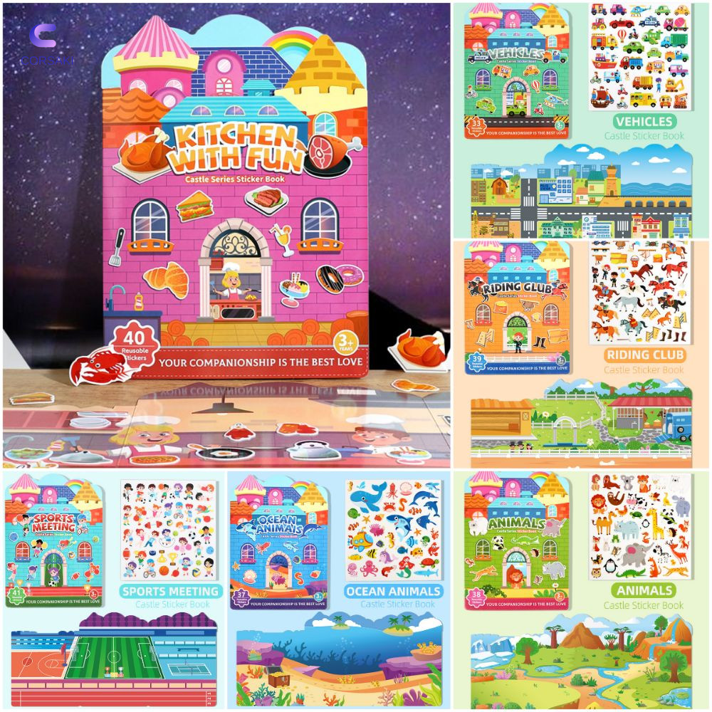 CORSAKI Quiet Book, Animal Vehicle Multi-theme Jelly Sticker Silent Book,Reusable Multicolor Interac