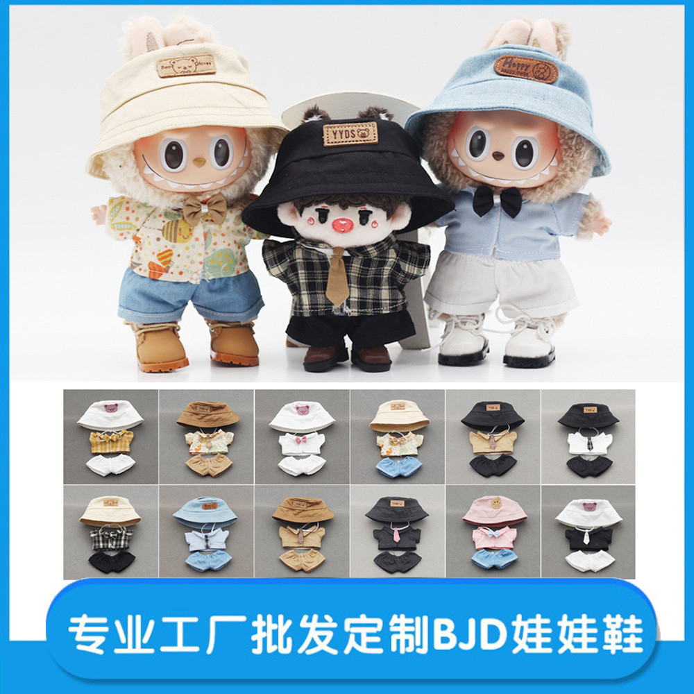 One Two Three Generation Labubu Cloth, 10CM Cotton EXO Doll Bucket Hat Shirt Tie Shorts Set