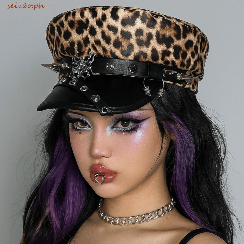 SEIZ6O Rivet เสือดาวหมวก, Hip-hop Punk Y2k Beret หมวก, Retro Silver Harajuku ส่วนบุคคลหมวกแบนสําหรับ
