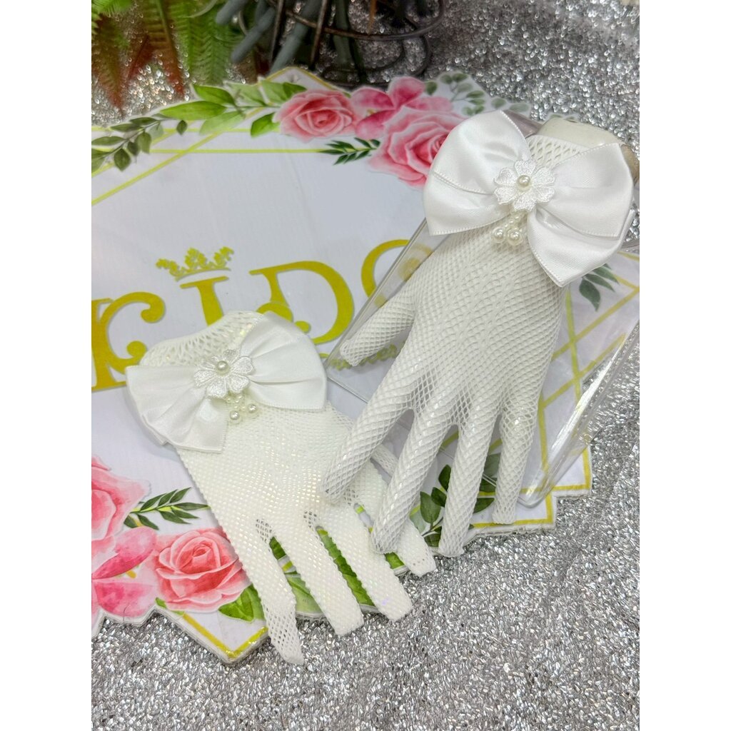 Tถุงมือเด็ก(มีหน้าร้านอยู่รัชดา)GS1สีขาว แบบตาข่ายสั้นติดโบว์ดูน่ารักมากเลย