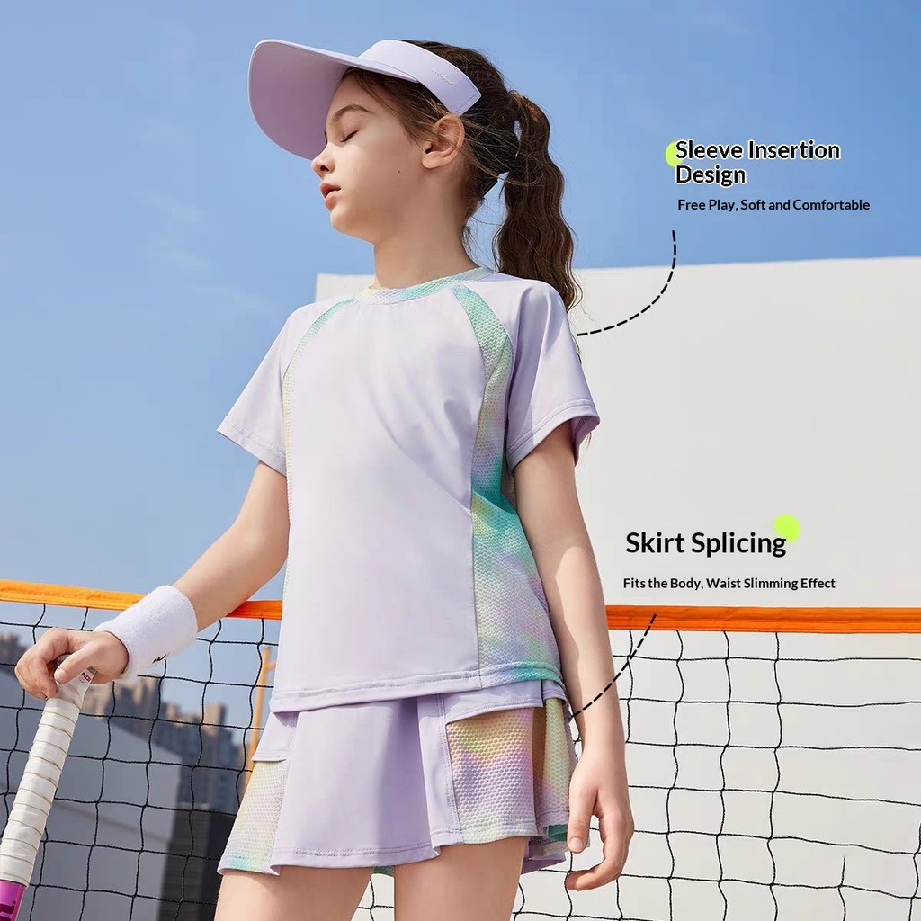 สาวตาข่ายไล่ระดับสีกีฬาชุดกระโปรงเด็กแบดมินตันเสื้อเทนนิสและกระโปรงชุดสองชิ้นชุดวิ่งแห้งเร็ว