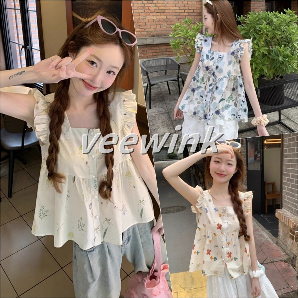 Veewink เสื้อครอปแขนปีกลายดอกไม้เล็ก สีสันสดใส สไตล์ฝรั่งเศสทรงตุ๊กตา แมทช์ง่าย ลุคหวานสดชื่น