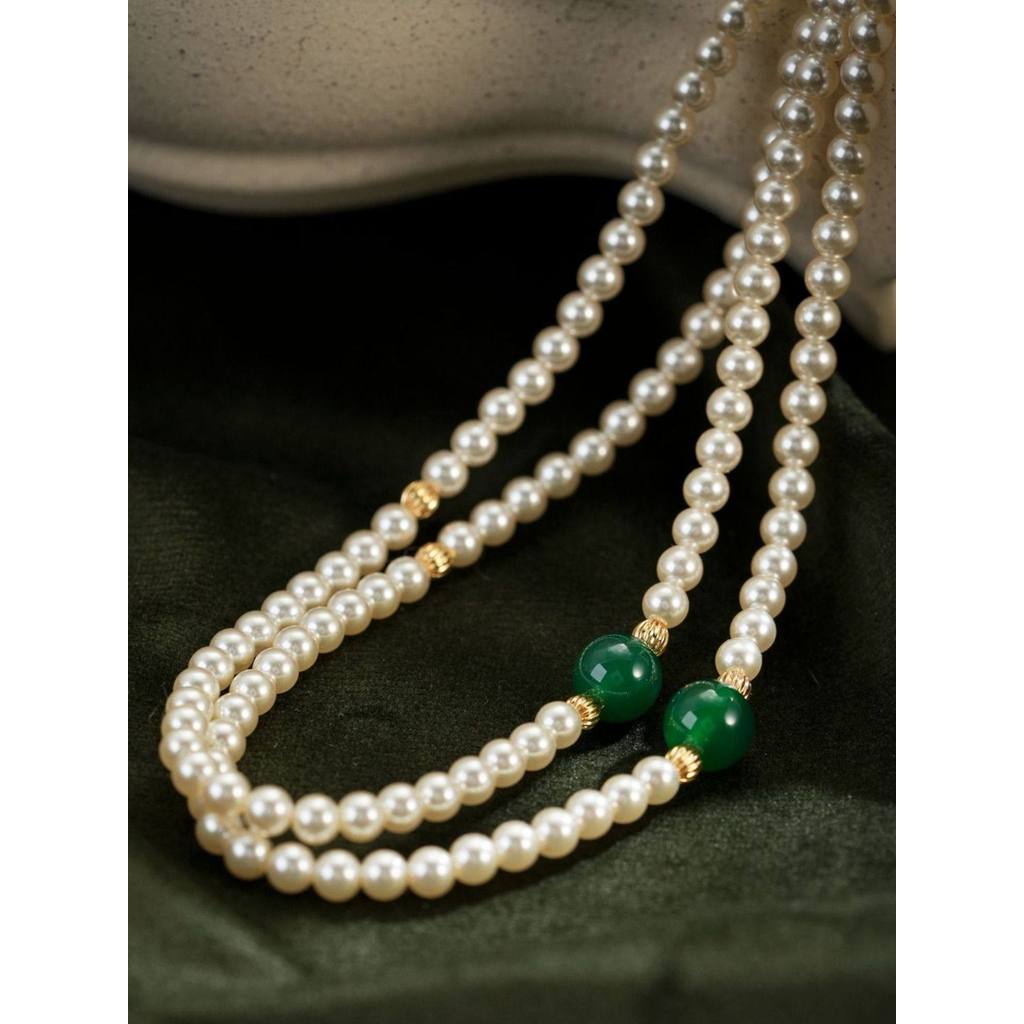 สร้อยคอมุก Tang Pei โลหะผสมสร้อยคอมุกเทียมสีขาวสีเขียวช่องว่างลูกปัดสร้อยคอยาว160ซม. ZG-01007