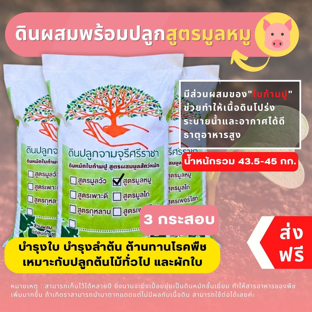 (ส่งฟรี)ดินผสมใบก้ามปูสูตรขี้หมูบด 3 กระสอบ (14.5-15 kg./กระสอบ) ดินพร้อมปลูก