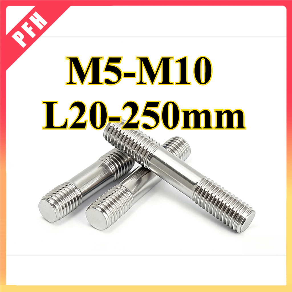 304 สแตนเลสสตีล Double Head Bolt สกรูสกรูเกลียวลวดฟันการเชื่อมต่อ Extended Stud M5/M6/M8/M10 * L20-250mm (ZH-PFH)