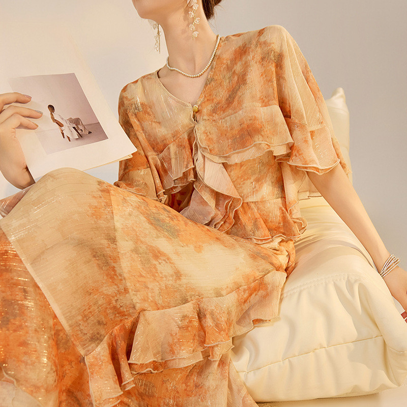 สไตล์จีน High-End Ruffled Smudge Fairy กระโปรงยาวหญิงใหม่สไตล์จีนหรูหราชุด ZX สไตล์ N3053 W2026.3.6W