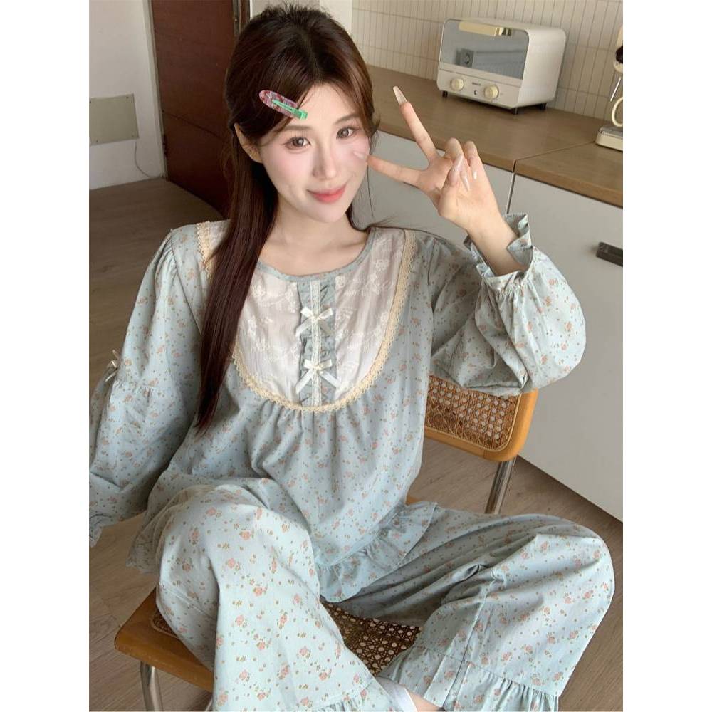 Women's Pajamas Lace Cute Anti-Aging Long-Sleeved Autumn Pajamas Homewear Suit AAWZ