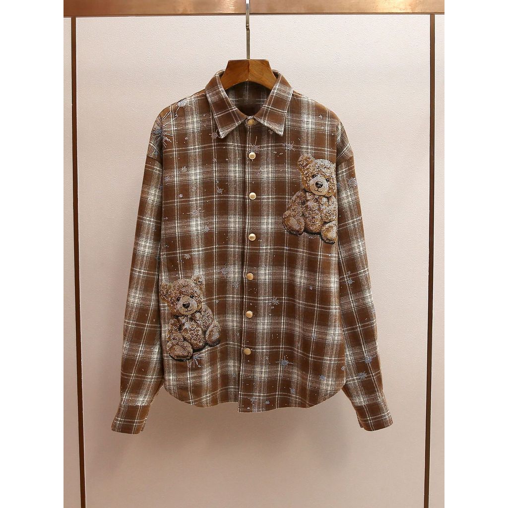 U2KT sandro Women's Autumn/Winter New Design Plaid Shirt with Diamond-Studded Bear Pattern and Turn-