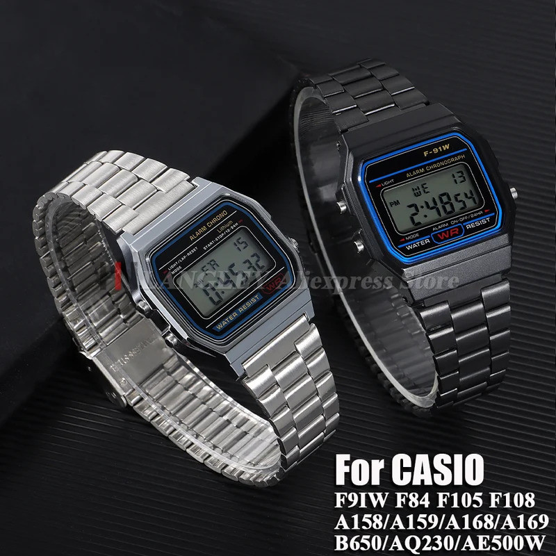 สายนาฬิกาสแตนเลสสําหรับ CASIO F91W F84 F105 F108 A158 A168 AE1200 AE1300 B650 AQ230 AE500W คลาสสิกสร